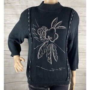 80s Vintage Shenanigans Sweater Small Black Silver Embroidered Floral Sequins